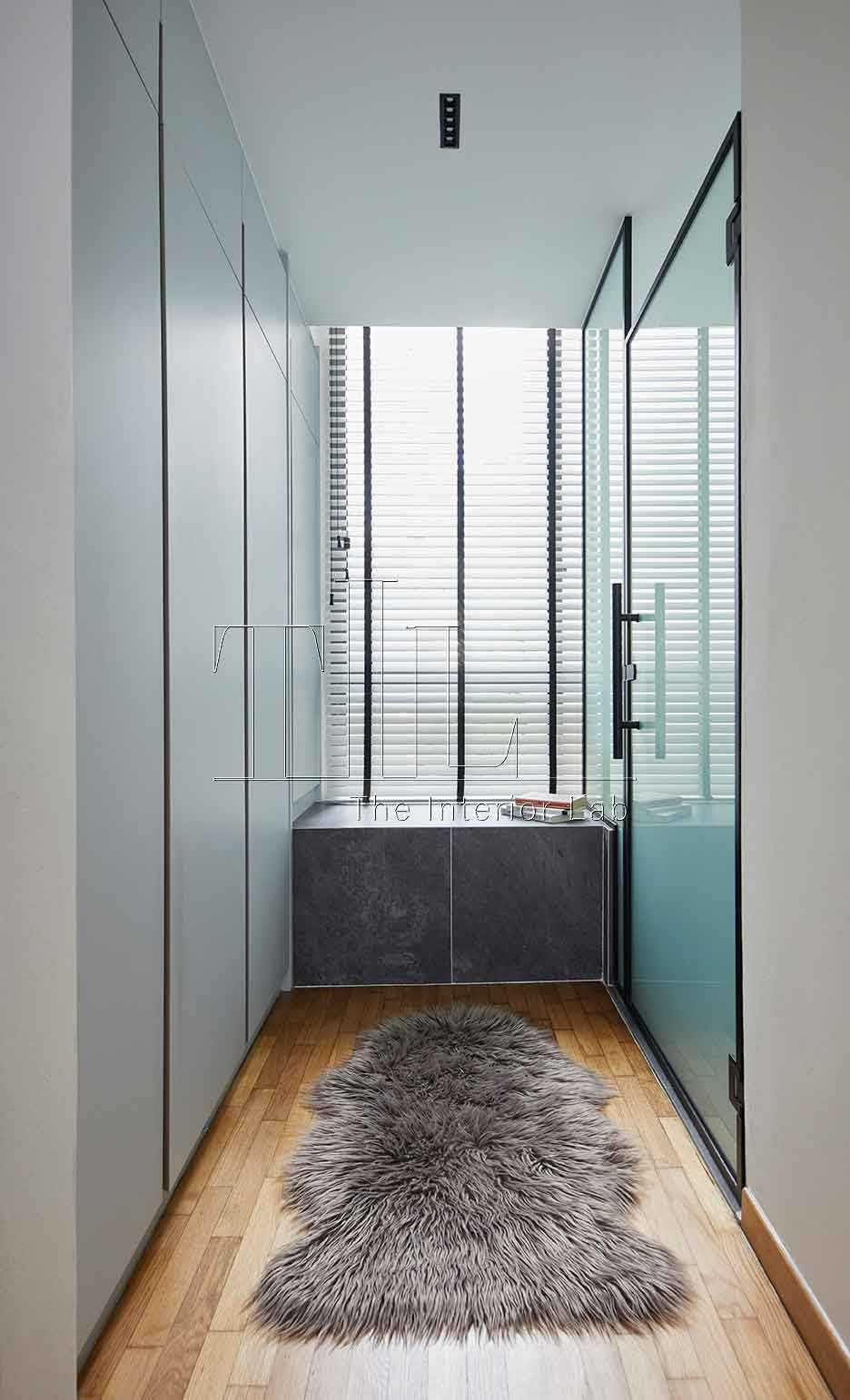 Scandinavian Bathroom with Parquet Floor and Bay Window