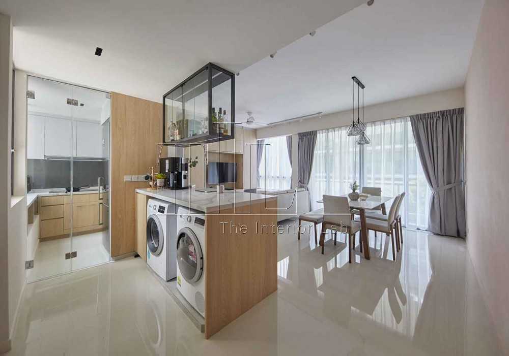 Scandinavian Kitchen with Kitchen Island and Glass Door