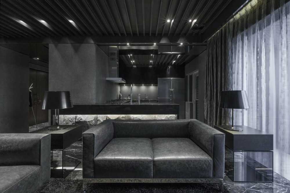 Contemporary Living Room with Marble Floor and Kitchen Island