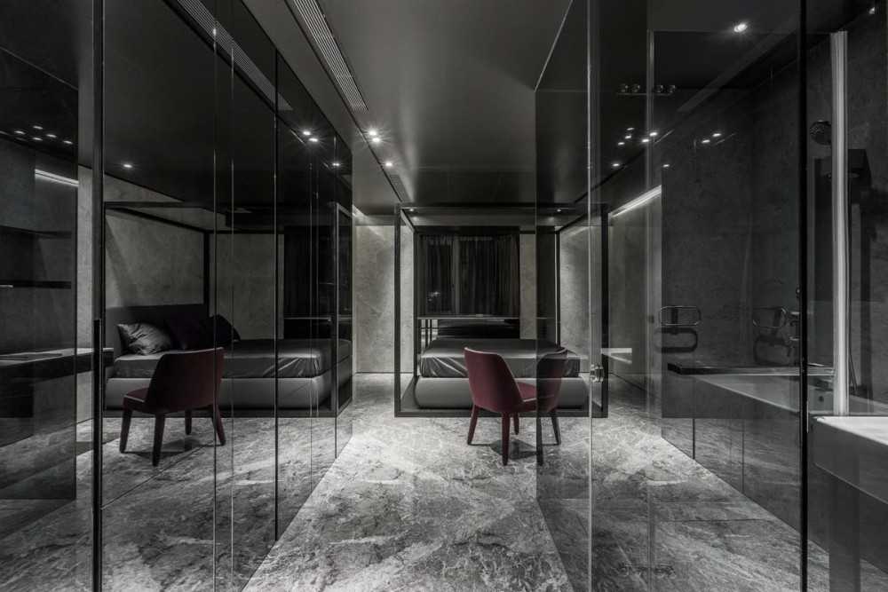 Contemporary Bedroom with Marble Floor and Mirror