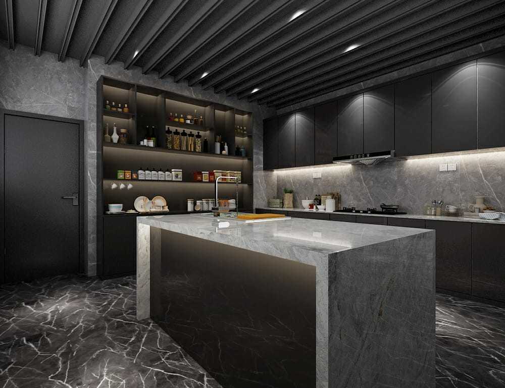 Contemporary Kitchen with Marble Floor and Open Kitchen