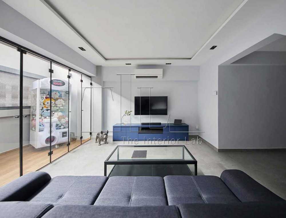 Contemporary Living Room with TV Console and Glass Door
