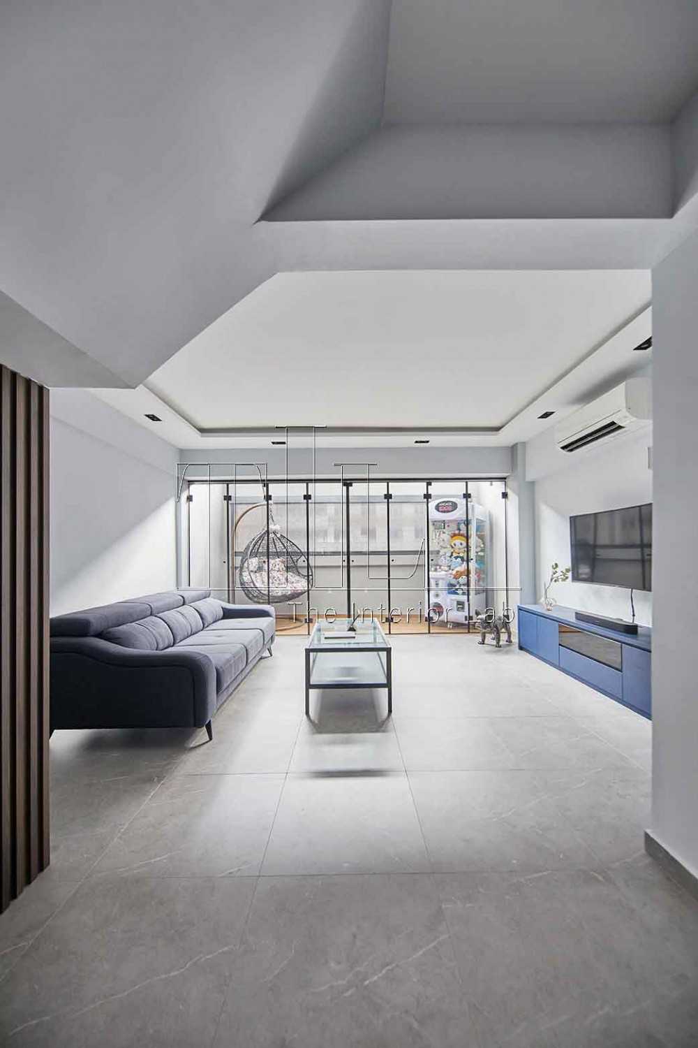 Contemporary Living Room with TV Console and Glass Door