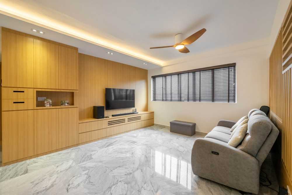 Scandinavian Living Room with Marble Floor and TV Console