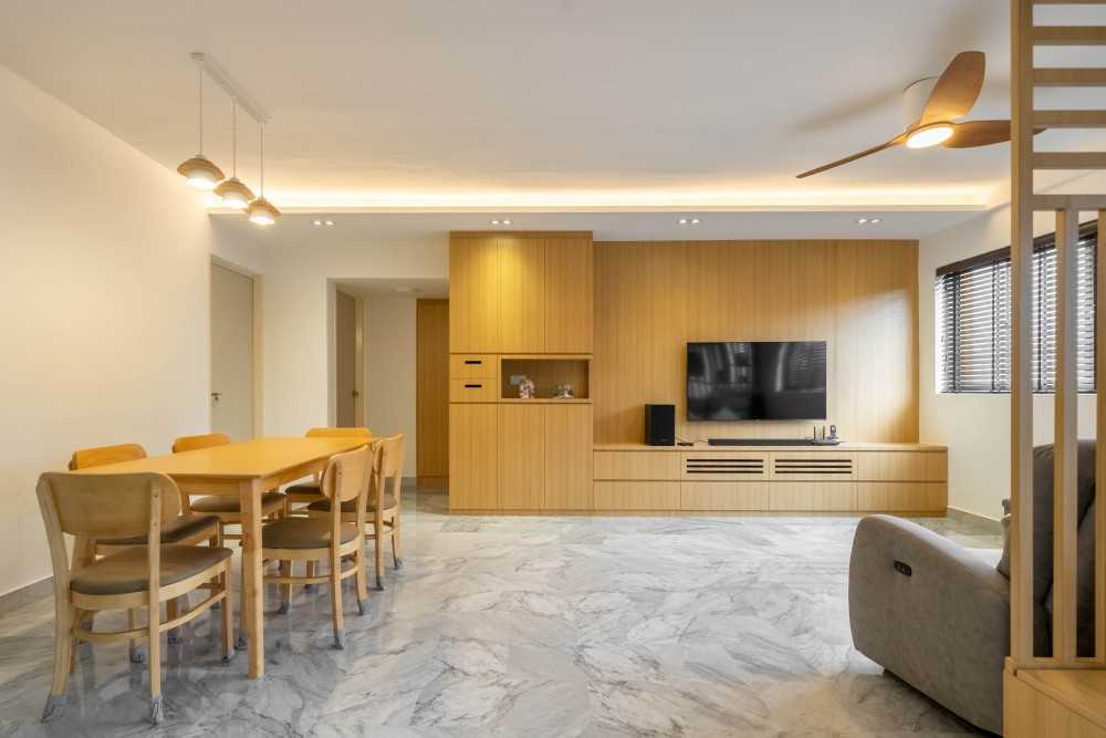 Scandinavian Living Room with Marble Floor and TV Console