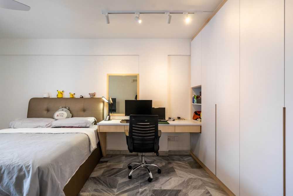 Scandinavian Bedroom with Herringbone Tiling and Granite Floor
