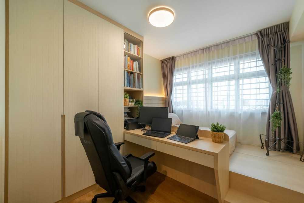 Scandinavian Bedroom with Bookshelf and Platform Bed