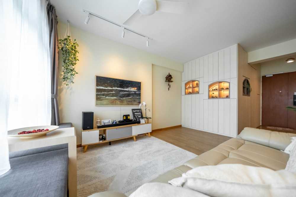 Scandinavian Living Room with Bookshelf and Vinyl Flooring