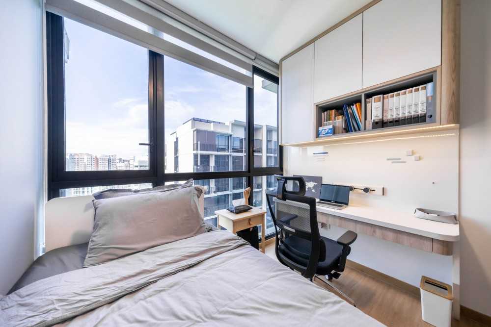 Modern Bedroom with Wood Flooring and Drop Light