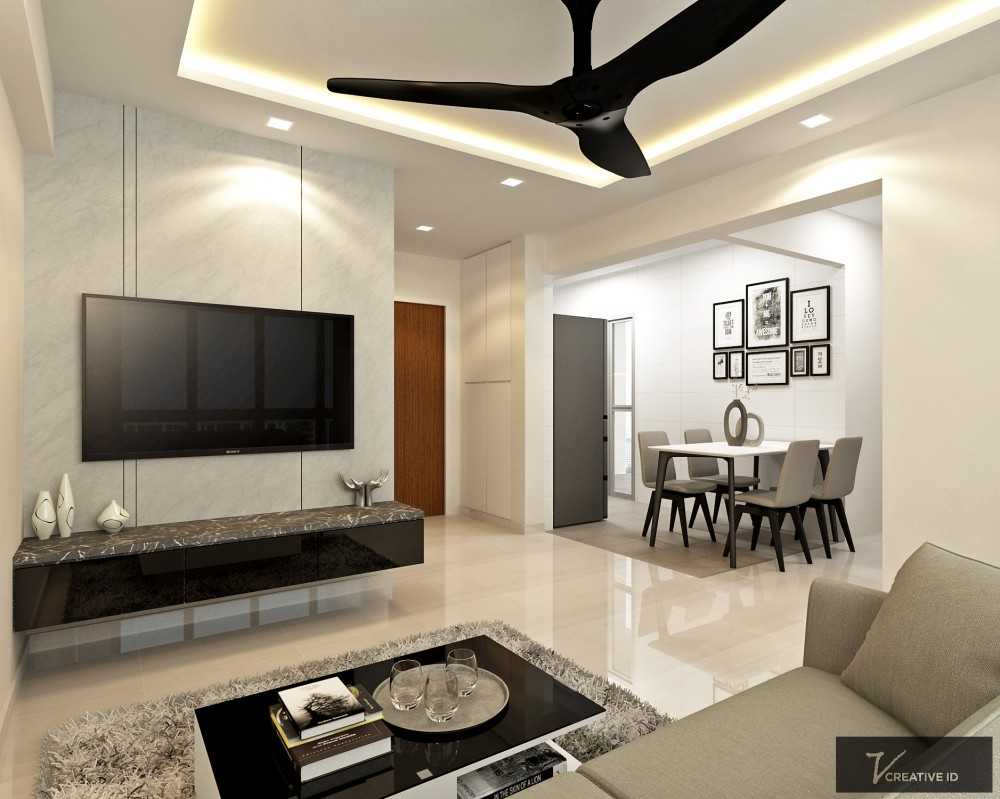 Contemporary Living Room with Homogeneous Tiles and Feature Wall