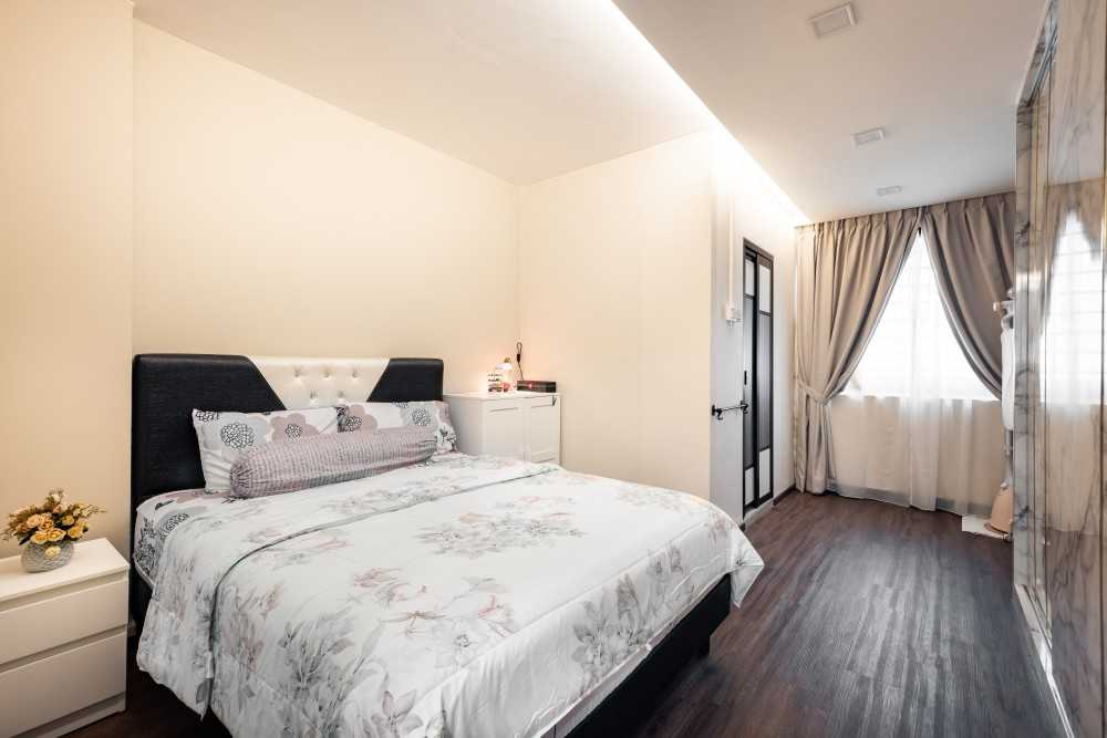 Scandinavian Bedroom with Vinyl Flooring and Cove Lighting