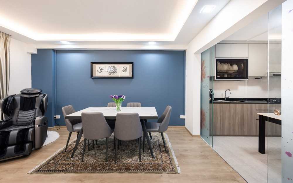 Scandinavian Dining Room with Vinyl Flooring and Cove Lighting