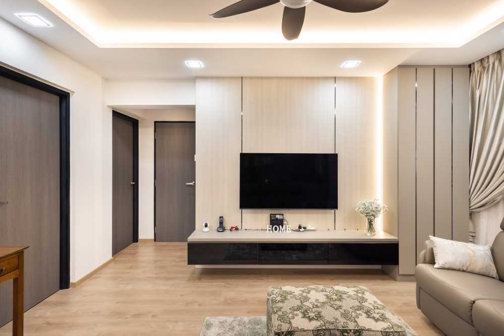 Scandinavian Living Room with Vinyl Flooring and TV Console