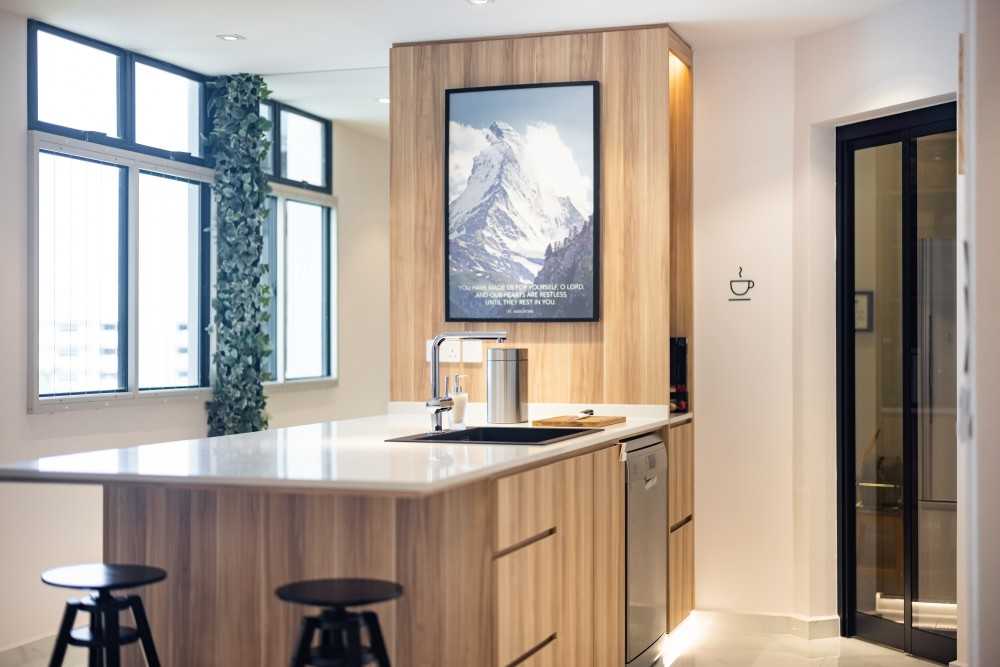 Minimalist Kitchen with Countertop and Marble Floor