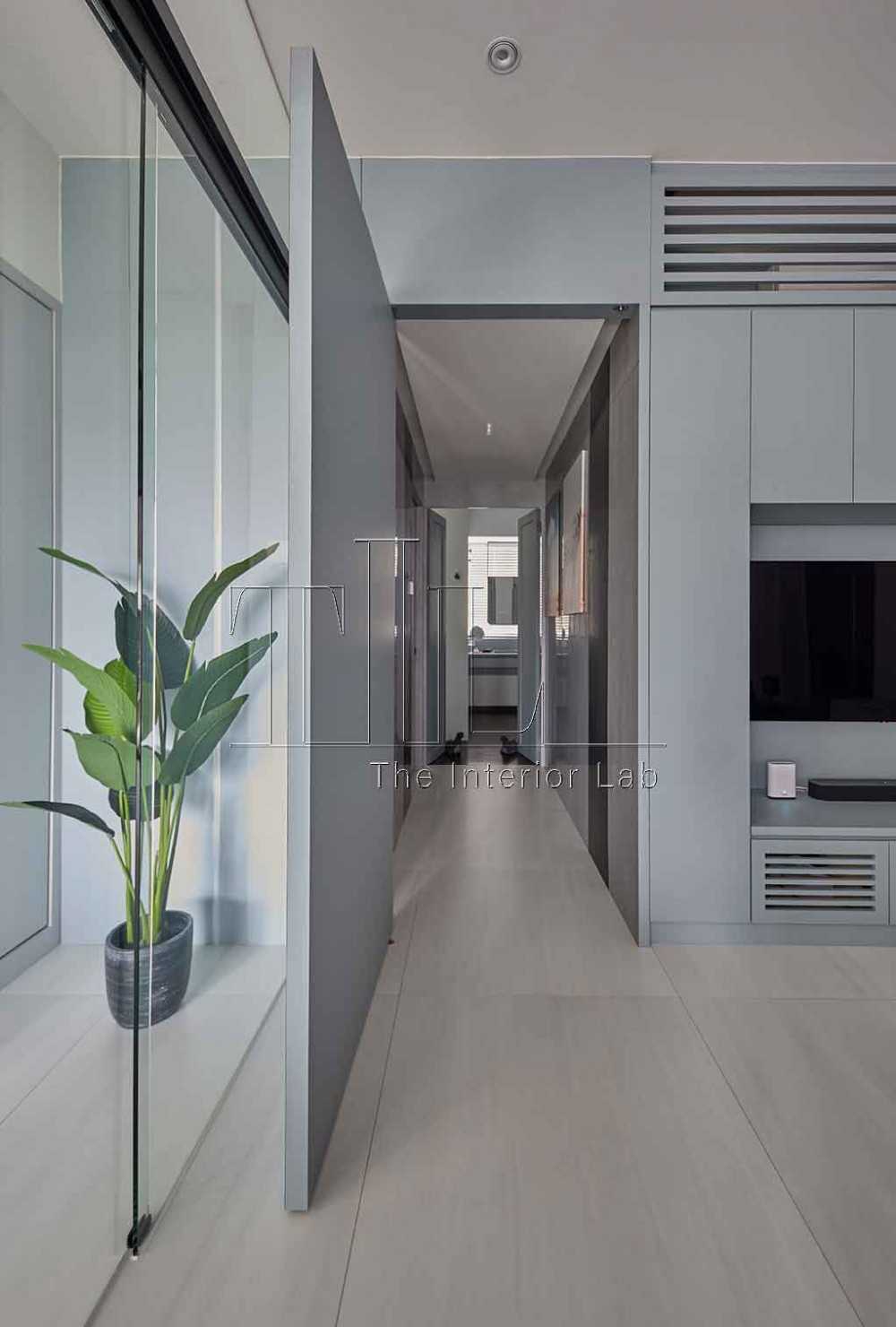 Contemporary Hallway with TV Console and Feature Wall