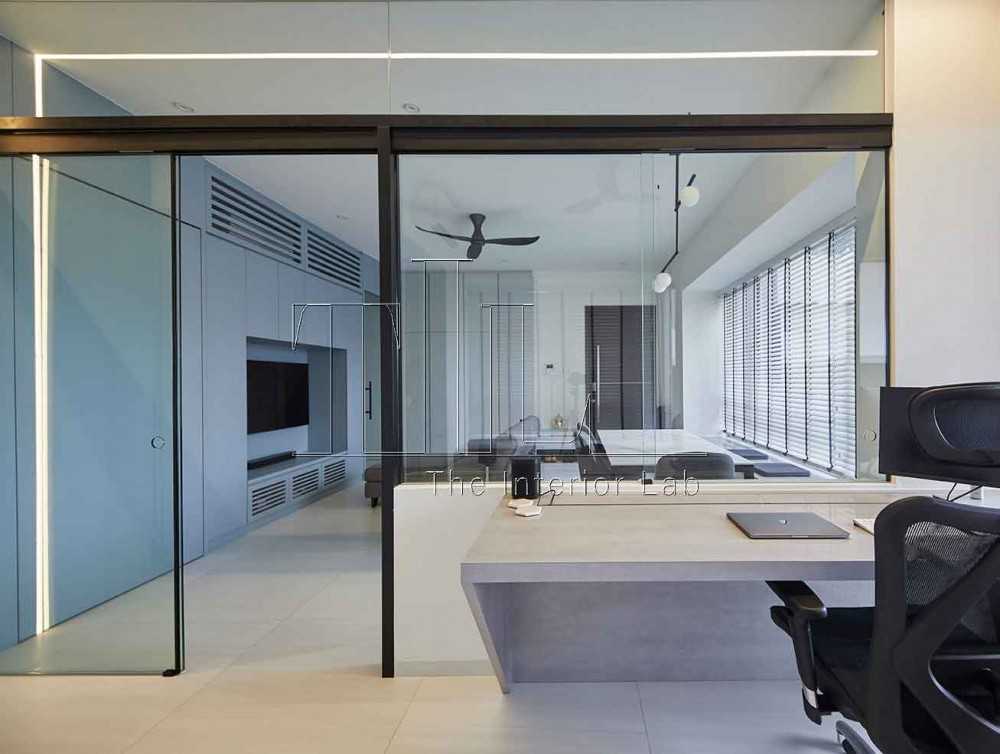 Contemporary Home Office with Bay Window and Glass Door