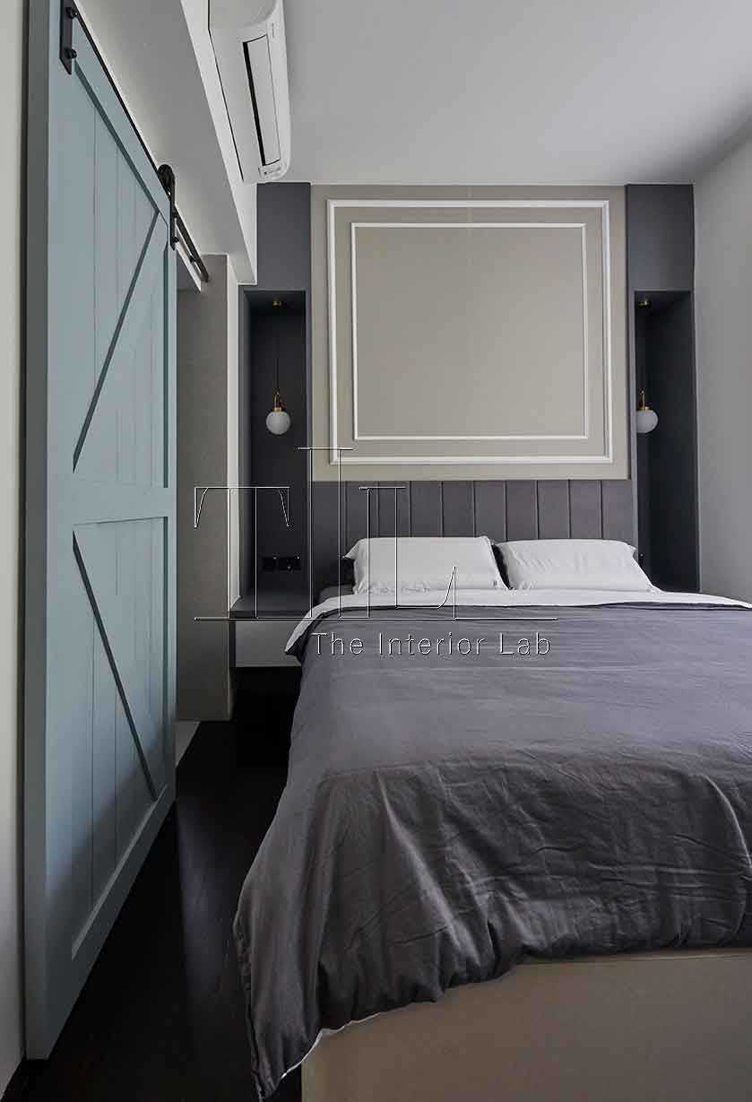 Contemporary Bedroom with Parquet Floor and Feature Wall