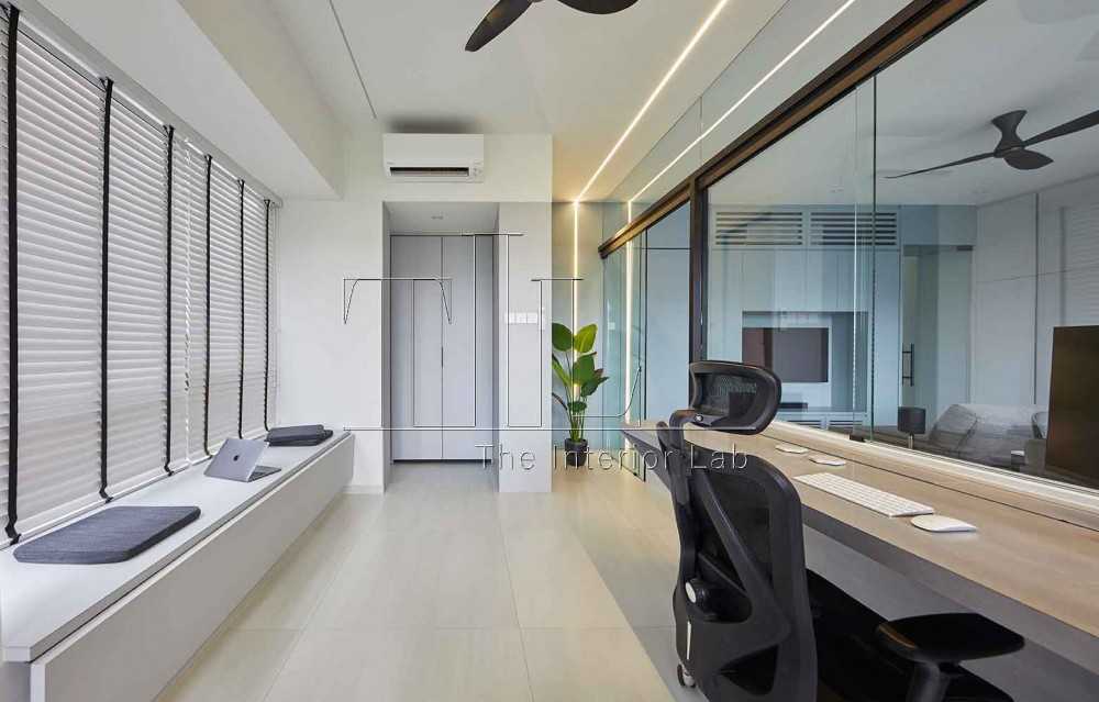 Contemporary Home Office with Bay Window and Storage Cabinets