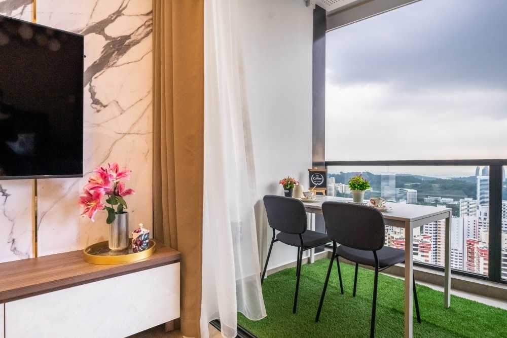 Modern Balcony with Curtain and Outdoor Table
