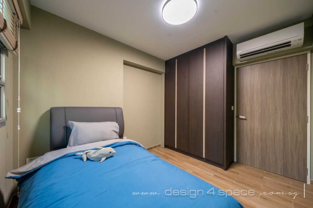 Contemporary Bedroom with Herringbone Tiling and Drop Ceiling