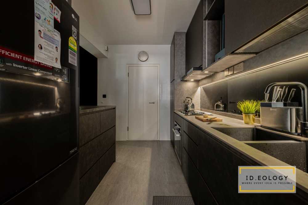Industrial Kitchen with Marble Floor and Wood Flooring