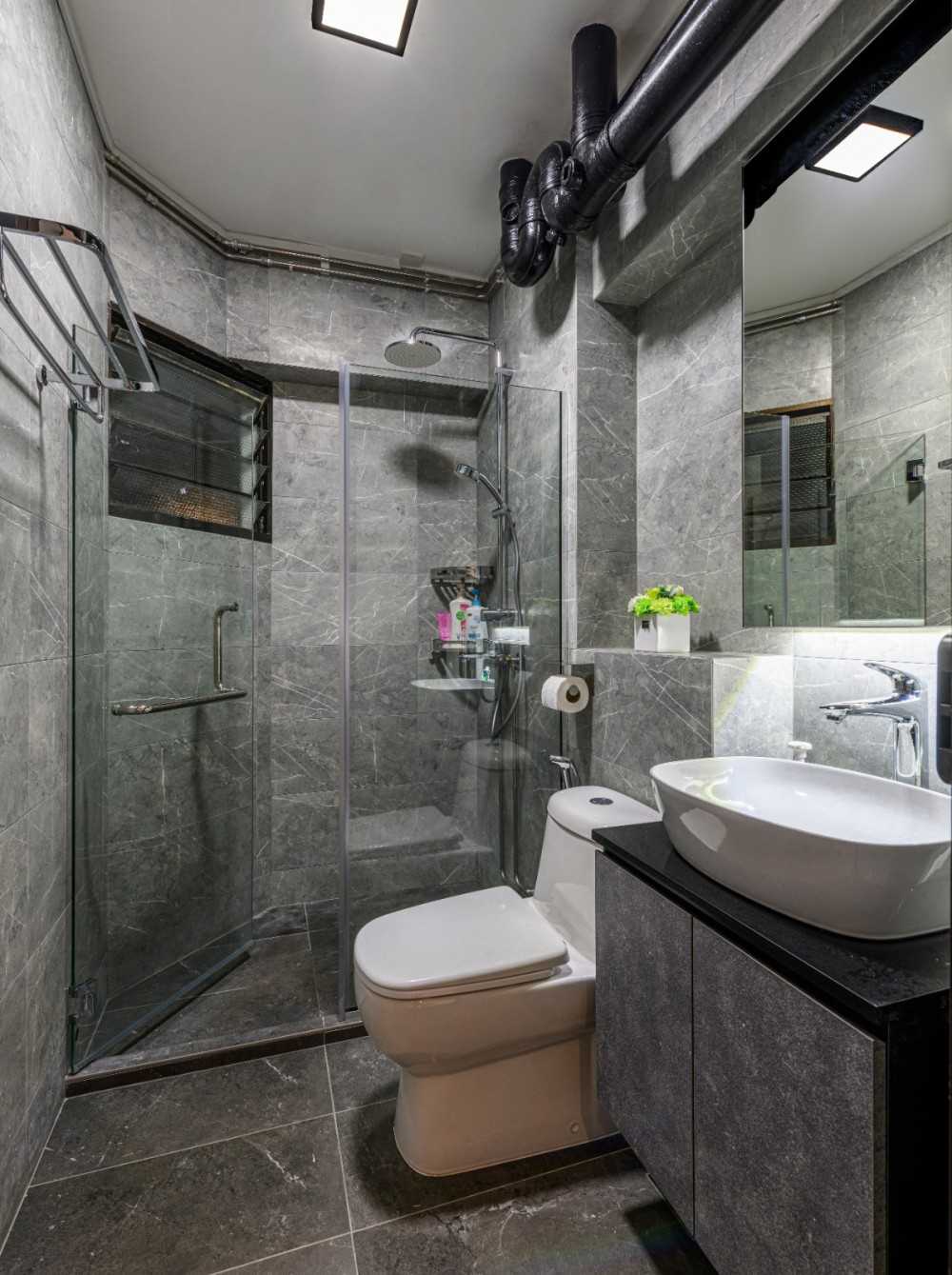 Industrial Bathroom with Mirror and Shower Screen