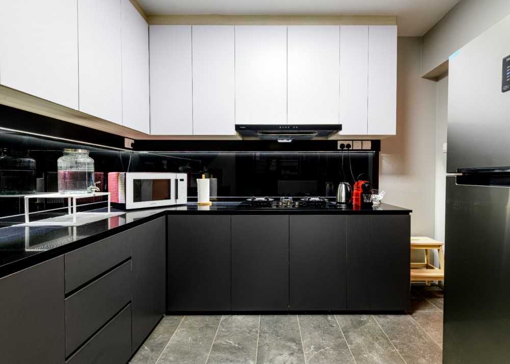 Industrial Kitchen with Marble Floor and Wood Flooring