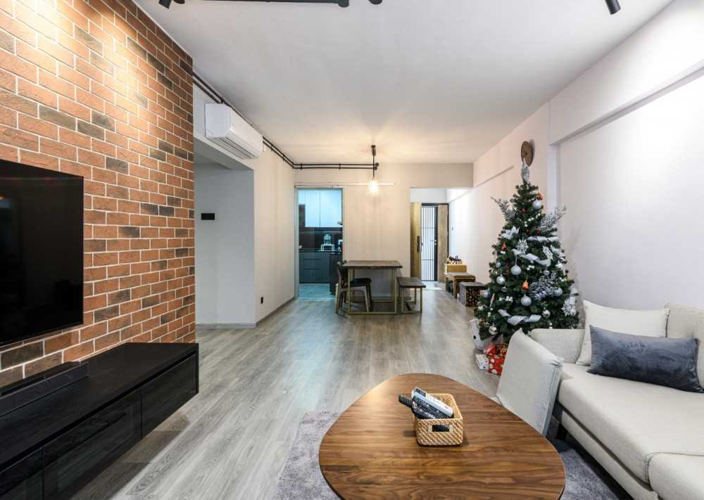 Industrial Living Room with TV Console and Feature Wall