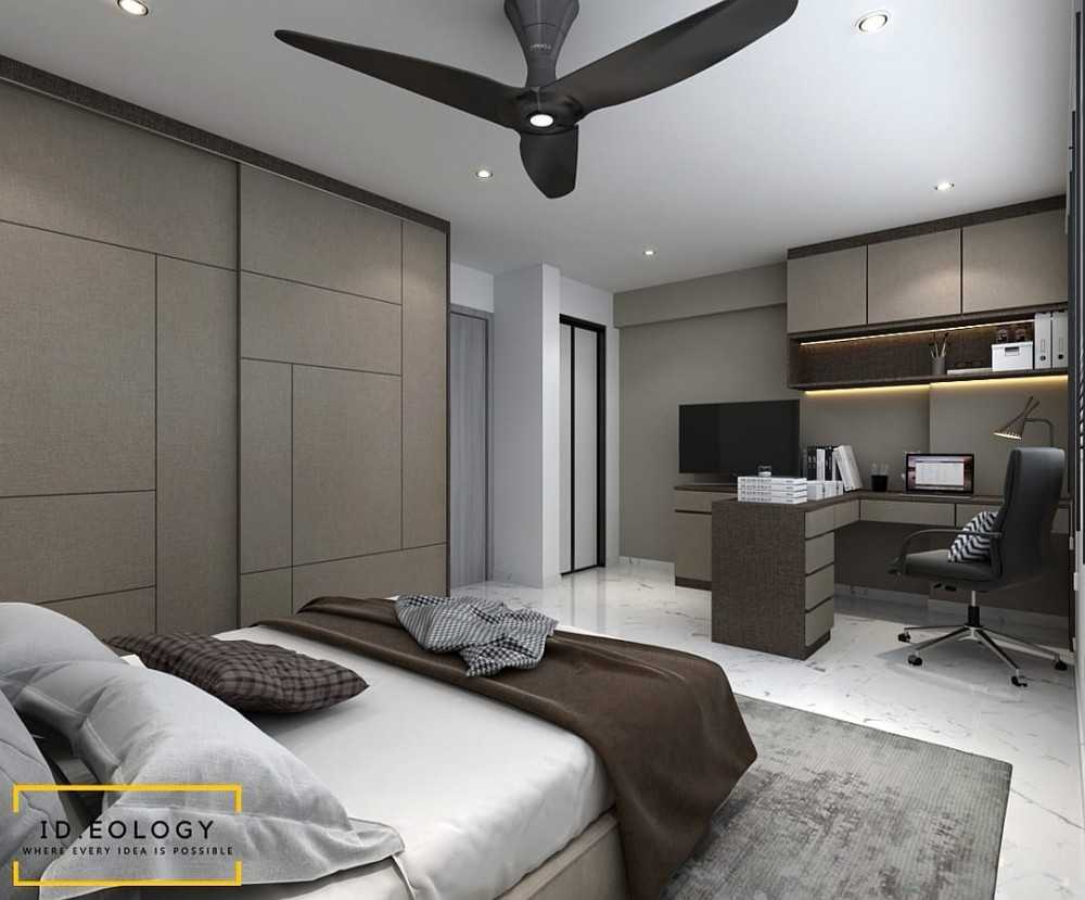 Contemporary Bedroom with Wood Flooring and Drop Light