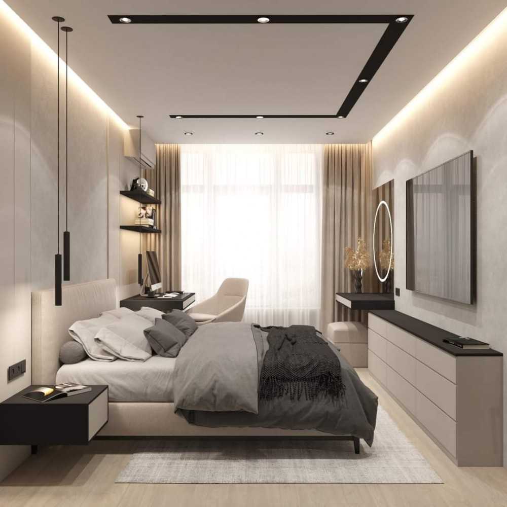 Contemporary Bedroom with Vinyl Flooring and Bay Window
