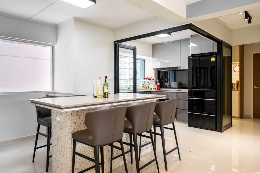 Contemporary Dining Room with Kitchen Island and Cove Lighting