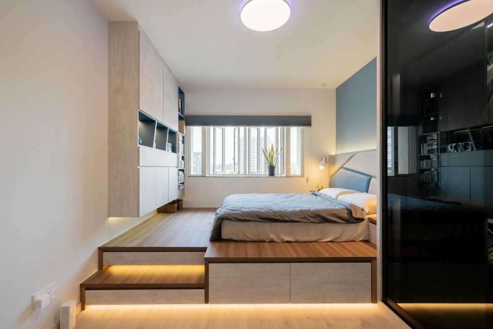 Industrial Bedroom with Platform Bed and Vinyl Flooring