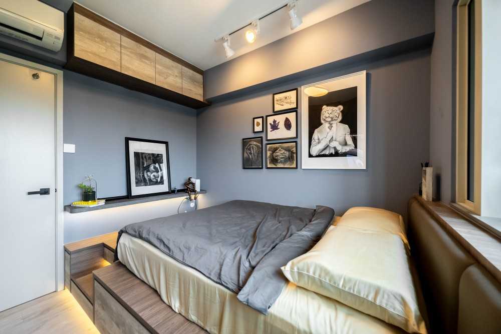 Industrial Bedroom with Wood Flooring and Downlights