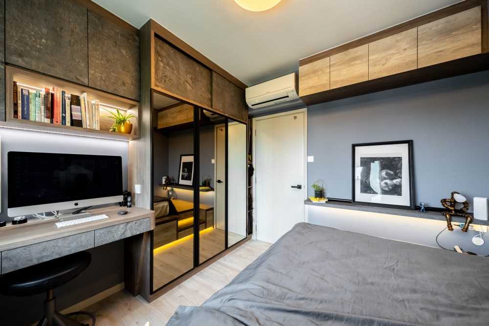 Industrial Bedroom with Vinyl Flooring and Wardrobe