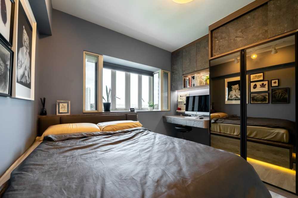 Industrial Bedroom with Platform Bed and Vinyl Flooring