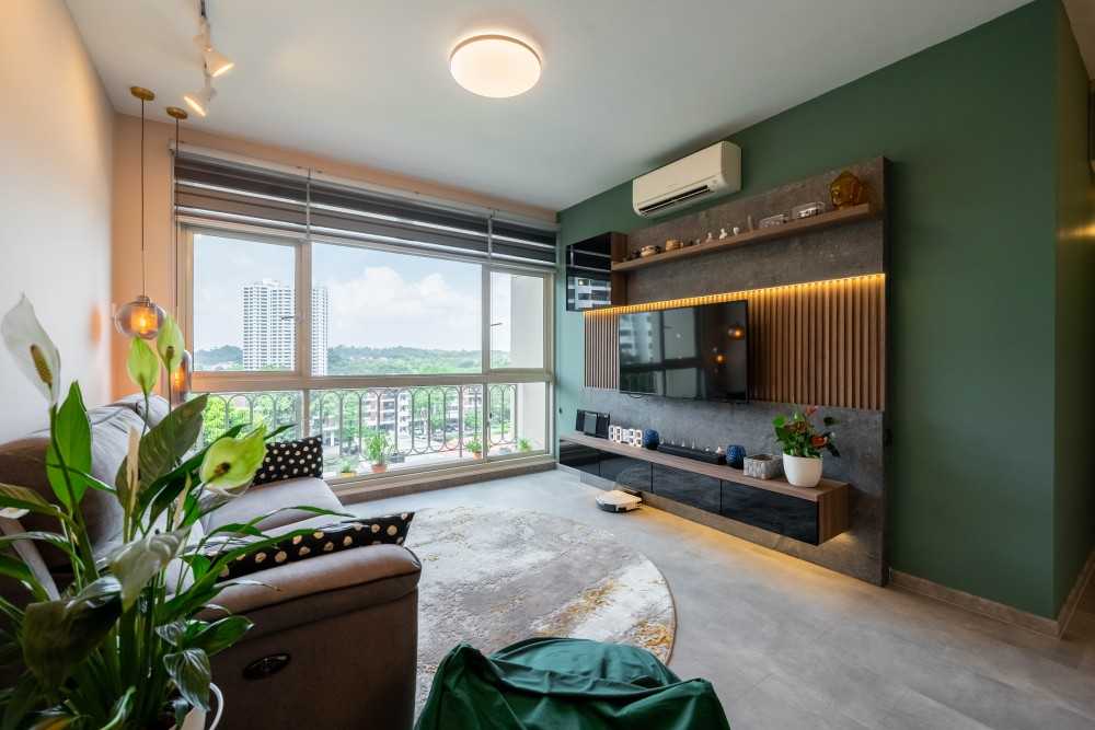 Industrial Living Room with TV Console and Feature Wall