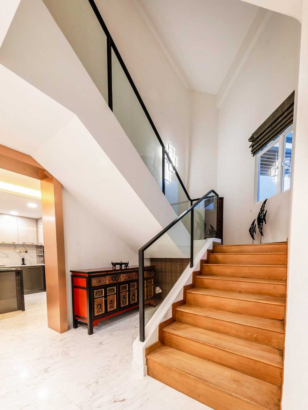Modern Hallway with Marble Floor and Wood Flooring