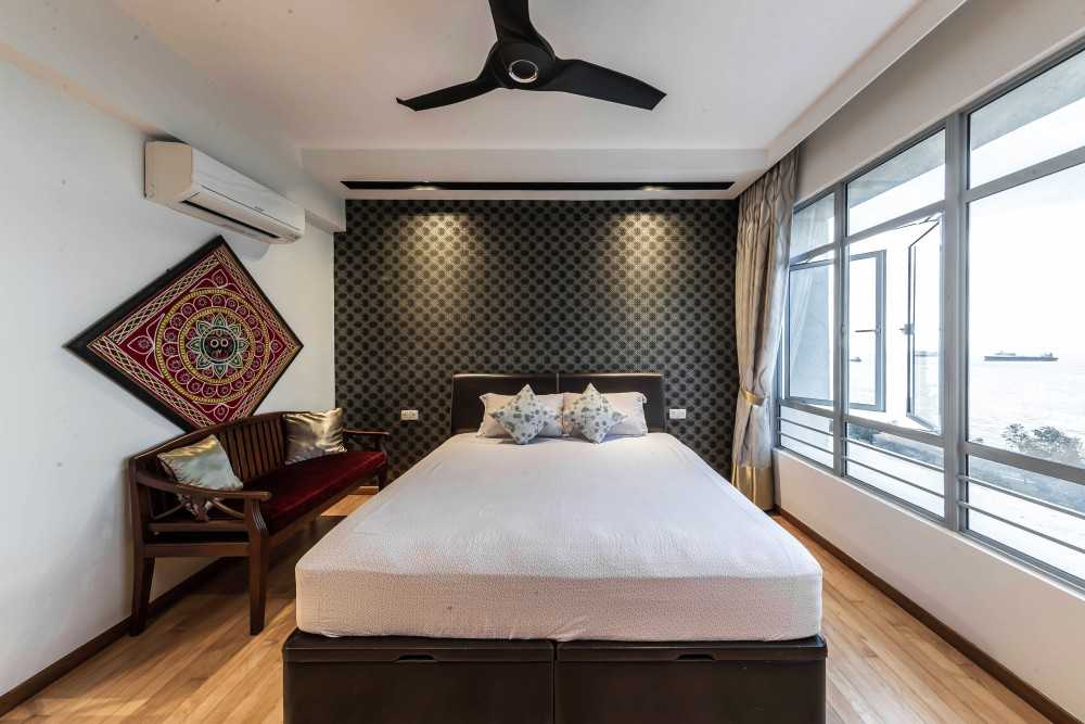 Modern Bedroom with Wood Flooring and Wallpaper