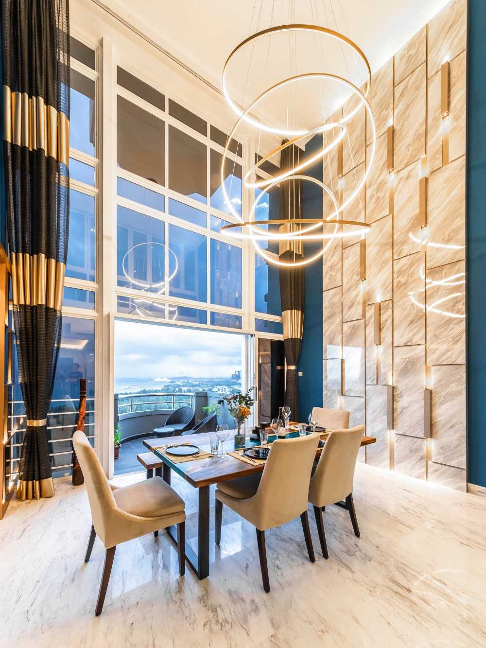 Modern Dining Room with Marble Floor and Feature Wall