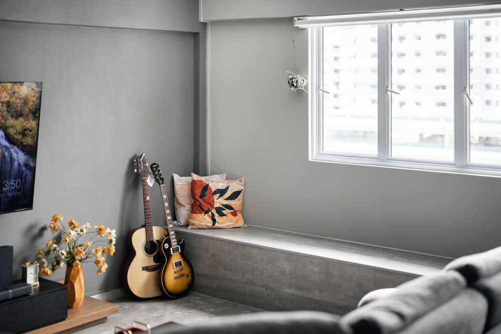 Industrial Living Room with Cement Floor and TV Console