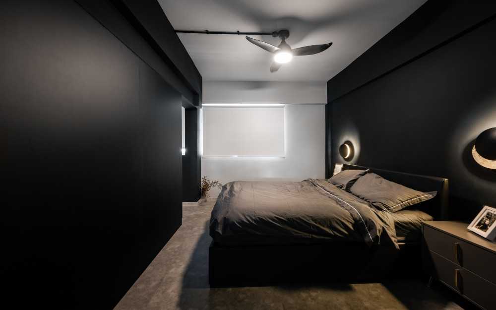 Industrial Bedroom with Ceiling Fan and Storage Cabinets
