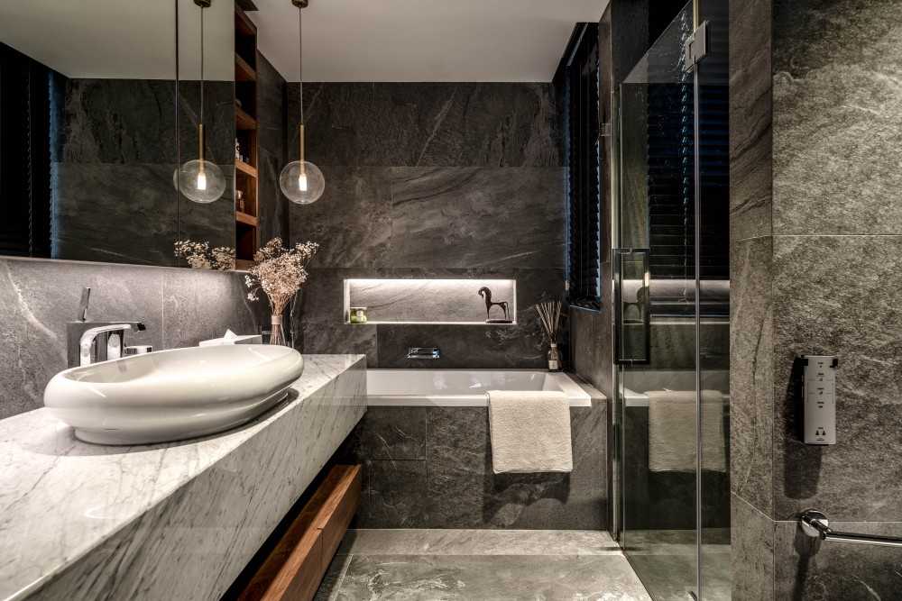 Minimalist Bathroom with Wash Basins and Bathroom Lighting
