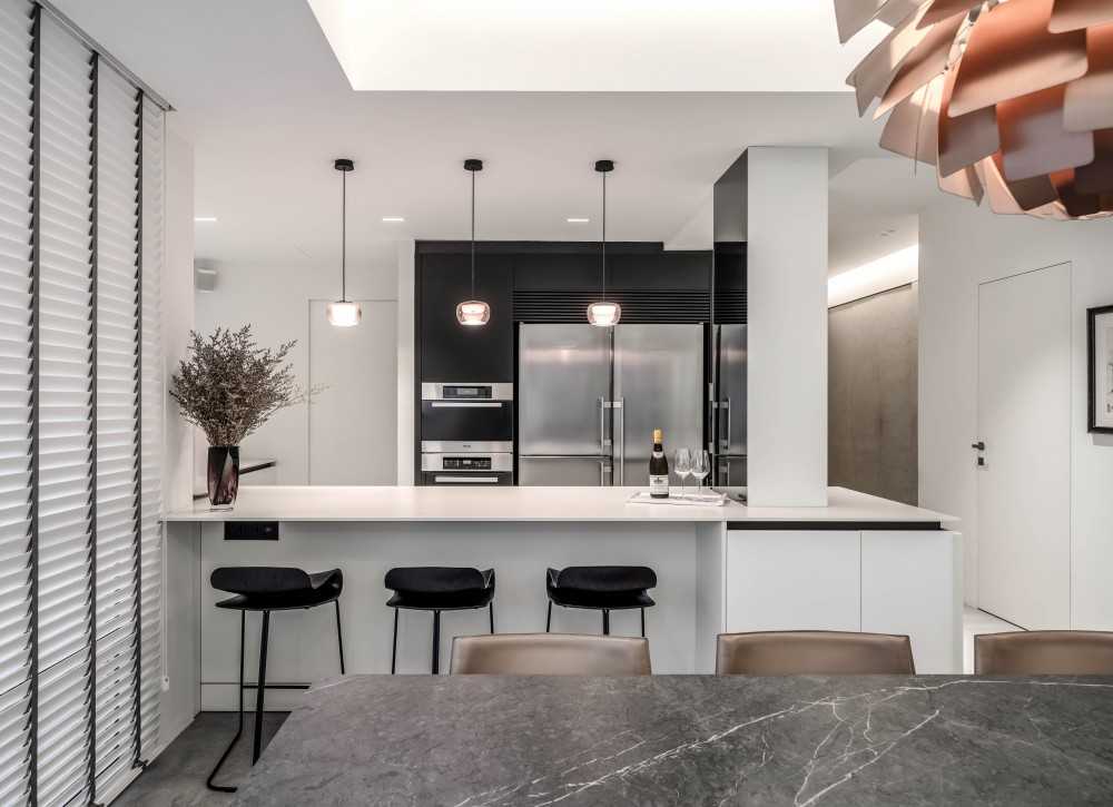 Minimalist Living Room with Ceiling Light and Bar Counter