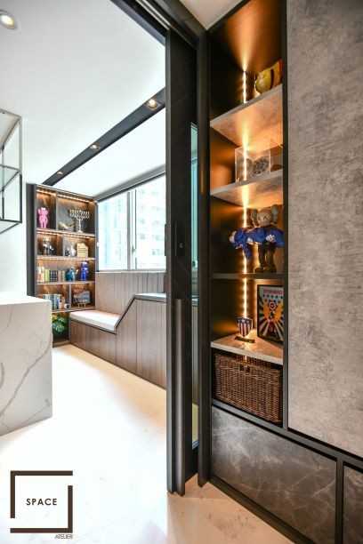 Contemporary Hallway with Bookshelf and Artwork