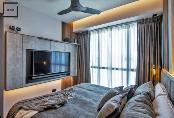Contemporary Bedroom with Vinyl Flooring and Drop Light