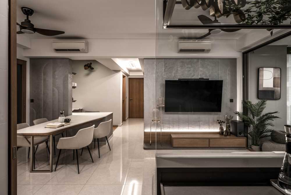 Contemporary Living Room with Ceiling Fan and Dining Table