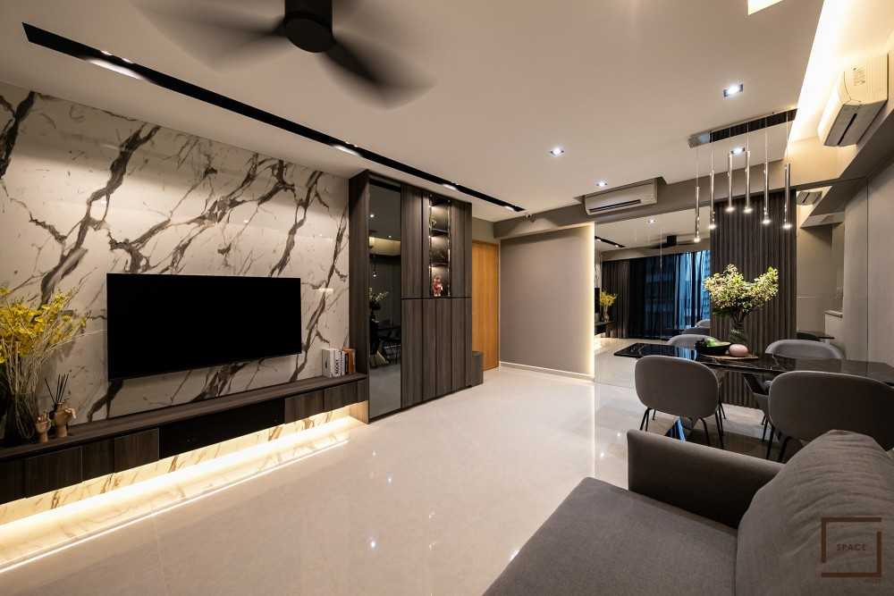 Contemporary Living Room with Homogeneous Tiles and TV Console