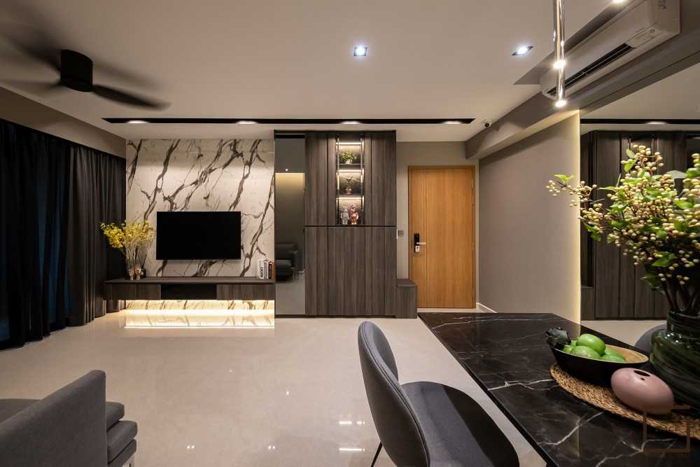 Contemporary Living Room with Homogeneous Tiles and TV Console