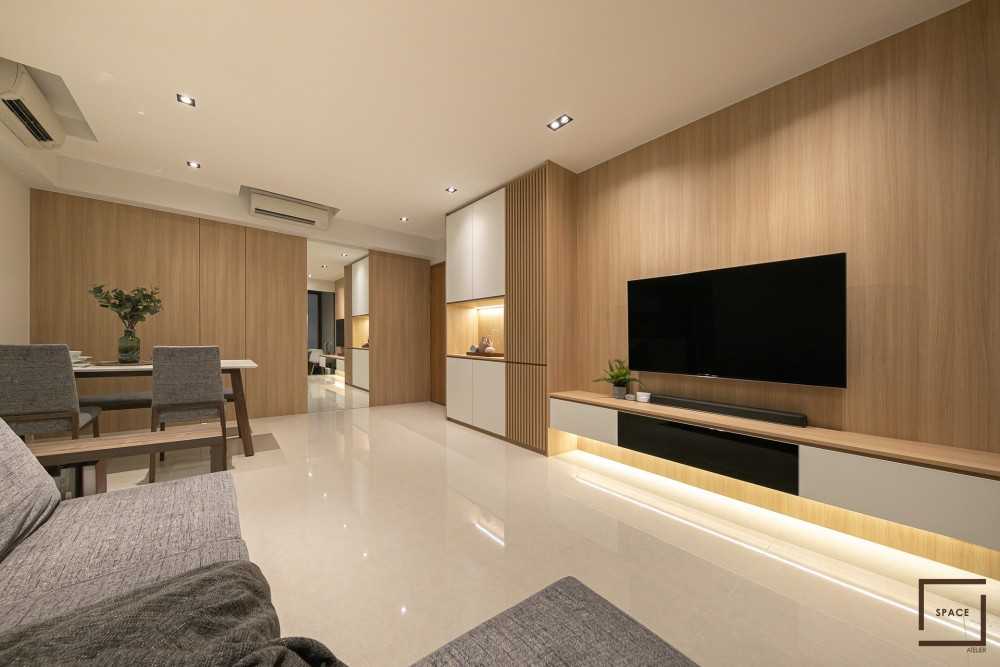 Contemporary Living Room with Homogeneous Tiles and TV Console