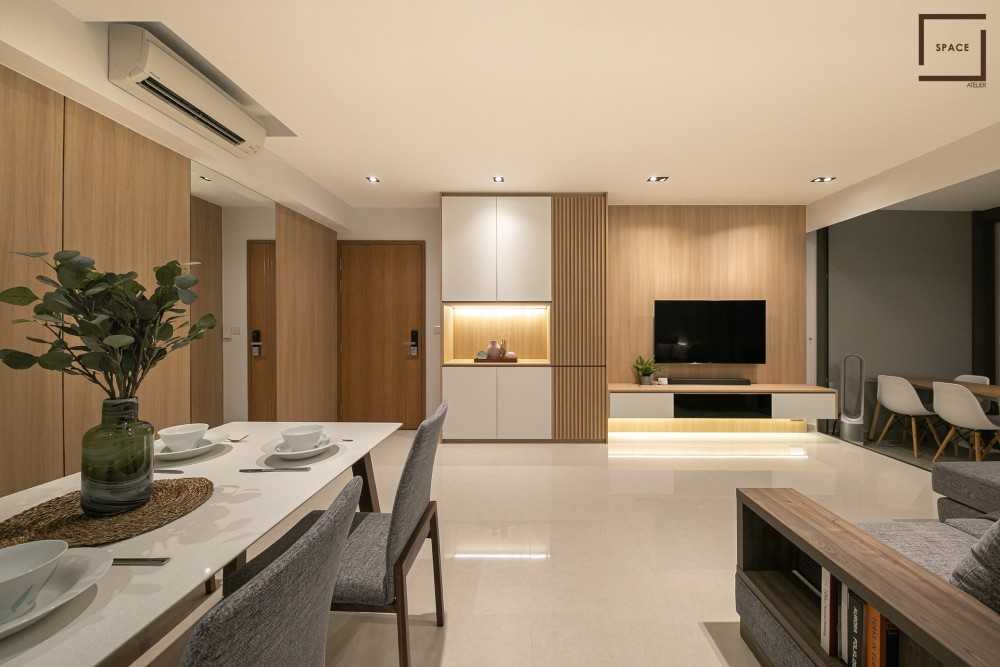 Contemporary Living Room with Homogeneous Tiles and TV Console